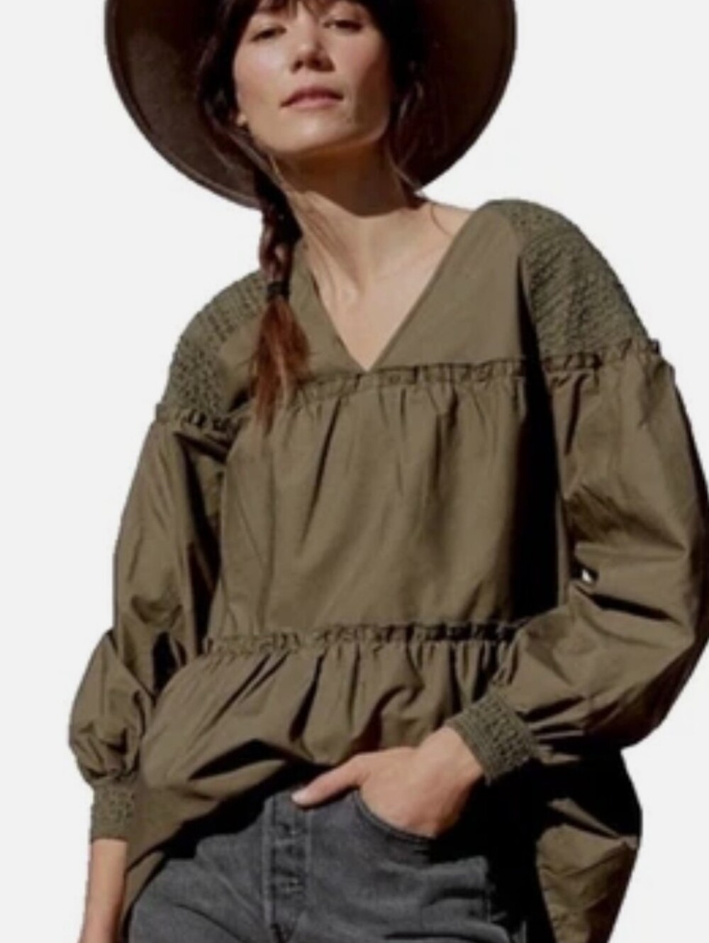 Mare Mare X Anthro Olive V‑Neck Smocked Peplum Blouse